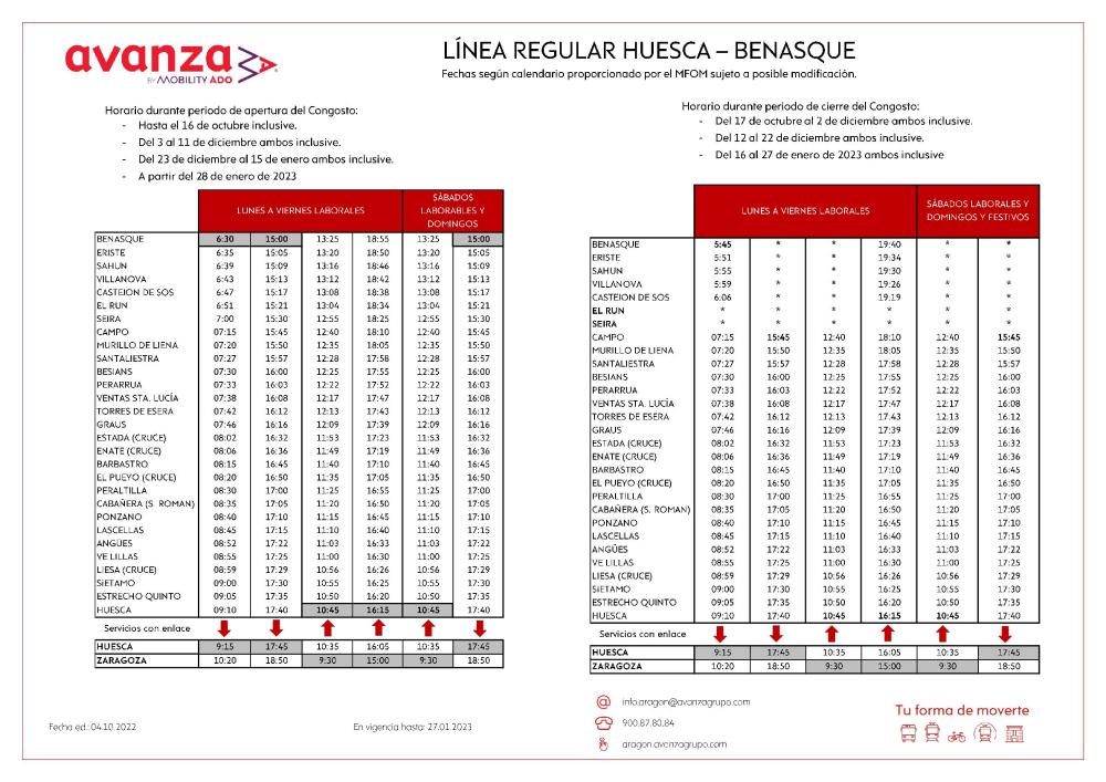 Imagen Horarios autobus Huesca-Benasque por obras previstas según calendario MFOM en la N-260