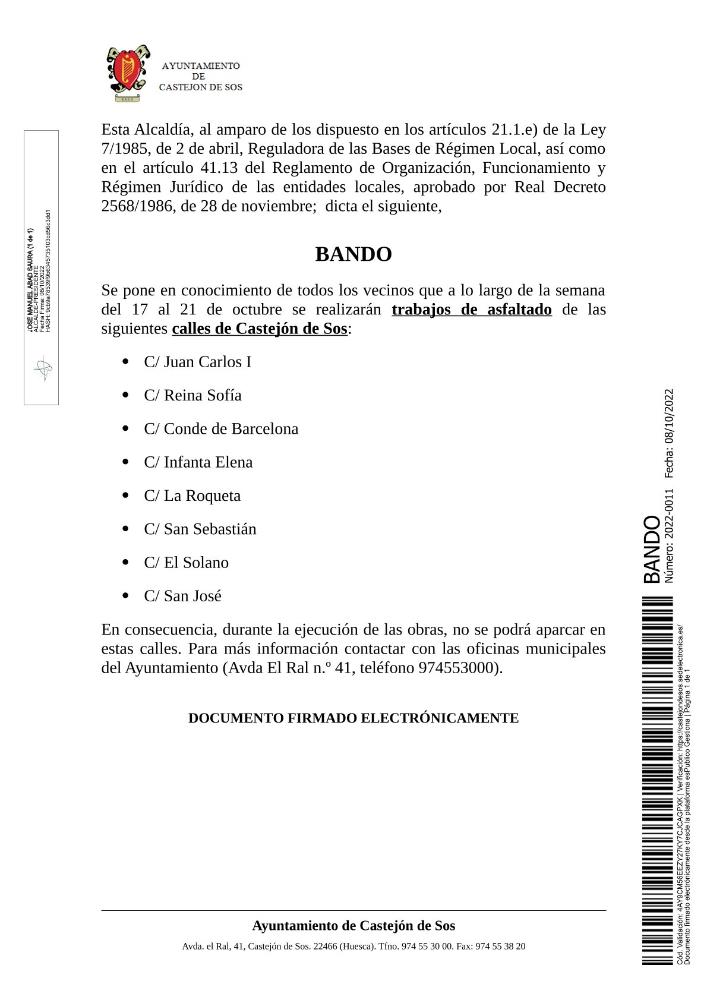 Imagen Bandos - Información asfaltado calles en Ramastué y Castejón de Sos