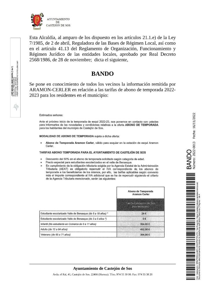Imagen Bando -Tarifas especiales abono de temporada municipio Castejón de Sos Estación de Esquí Cerler-Aramón temporada 2022-2023