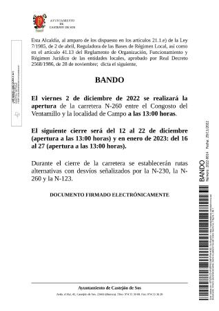 Imagen BANDO 2022-0014 [Bando Apertura de carretera N-260]