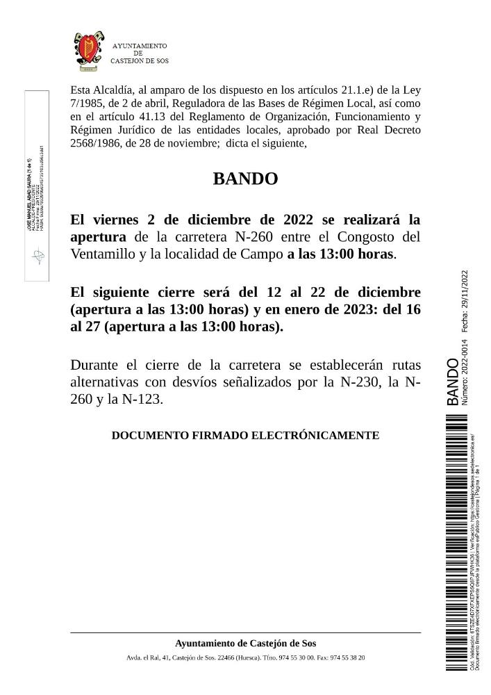 Imagen BANDO 2022-0014 [Bando Apertura de carretera N-260]