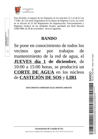 Imagen BANDO 2022-0015 [Bando -Corte de agua Castejón de Sos y Liri jueves...