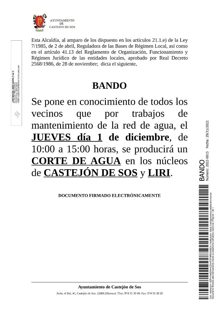 Imagen BANDO 2022-0015 [Bando -Corte de agua Castejón de Sos y Liri jueves 1-12-2022]