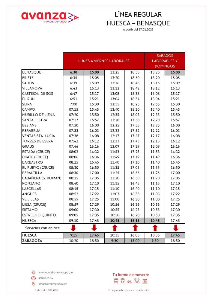 Imagen Horarios autobus línea regular Huesca-Benasque