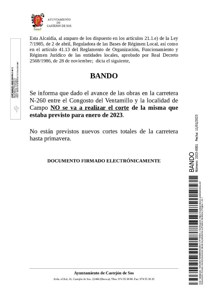 Imagen BANDO 2023-0001 [Bando NO cierre carretera N260 en enero 2023]