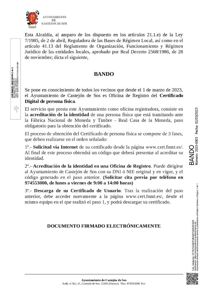 Imagen Bando informativo sobre Oficina de Registro de Acreditación de identidad para la obtención del certificado de persona física