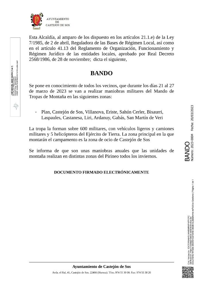 Imagen BANDO 2023-0004 [Bando -maniobras militares del Mando de tropas de montaña]