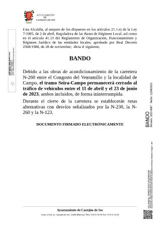 Imagen BANDO 2023-0007 [Bando Corte de carretera N-260 abril-mayo-junio 2023]