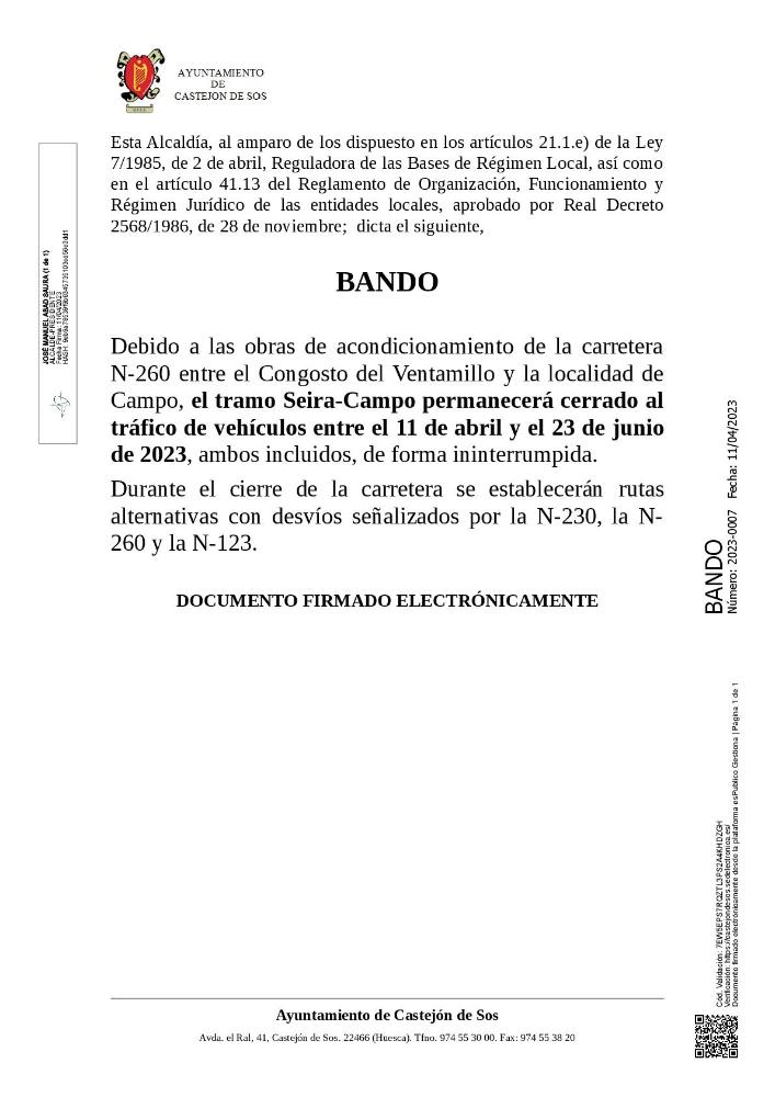 Imagen BANDO 2023-0007 [Bando Corte de carretera N-260 abril-mayo-junio 2023]