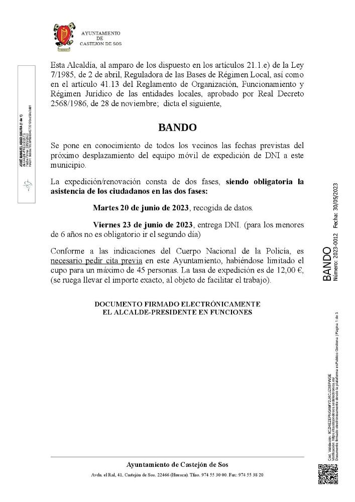 Imagen BANDO 2023-0012 [Bando - Próximo desplazamiento expedición DNI (20 de junio 2023)]