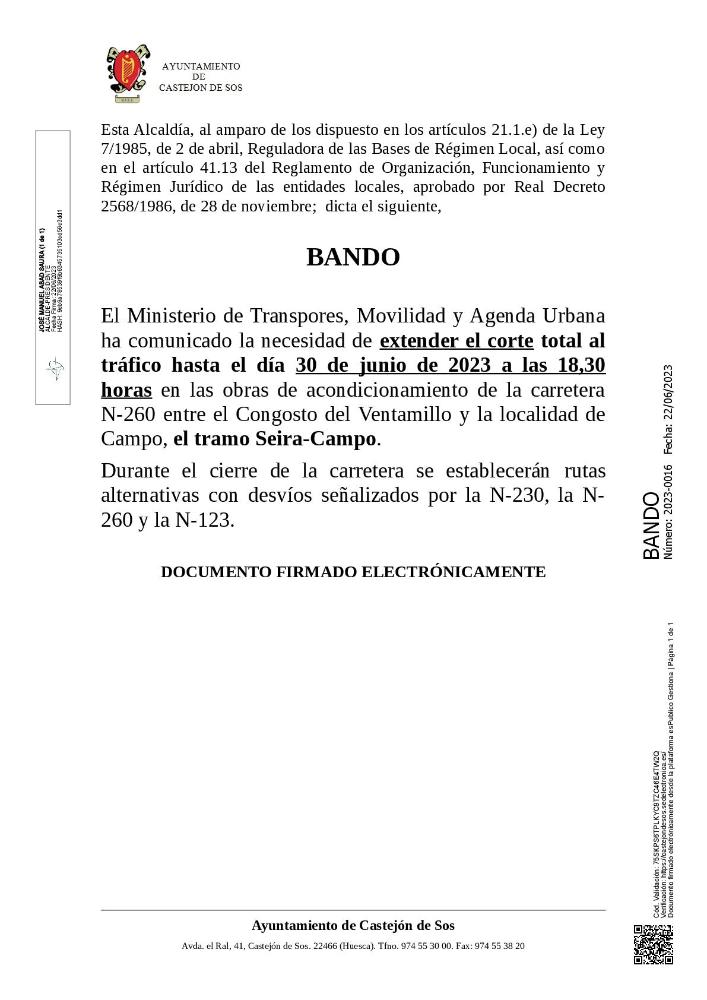 Imagen BANDO 2023-0016 [Bando información extensión del Corte de carretera N-260 hasta el 30 de junio 2023]