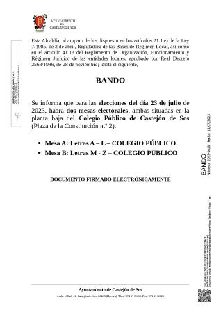 Imagen Bando: Elecciones 23 de julio LOCAL ELECTORAL en el COLEGIO PÚBLICO