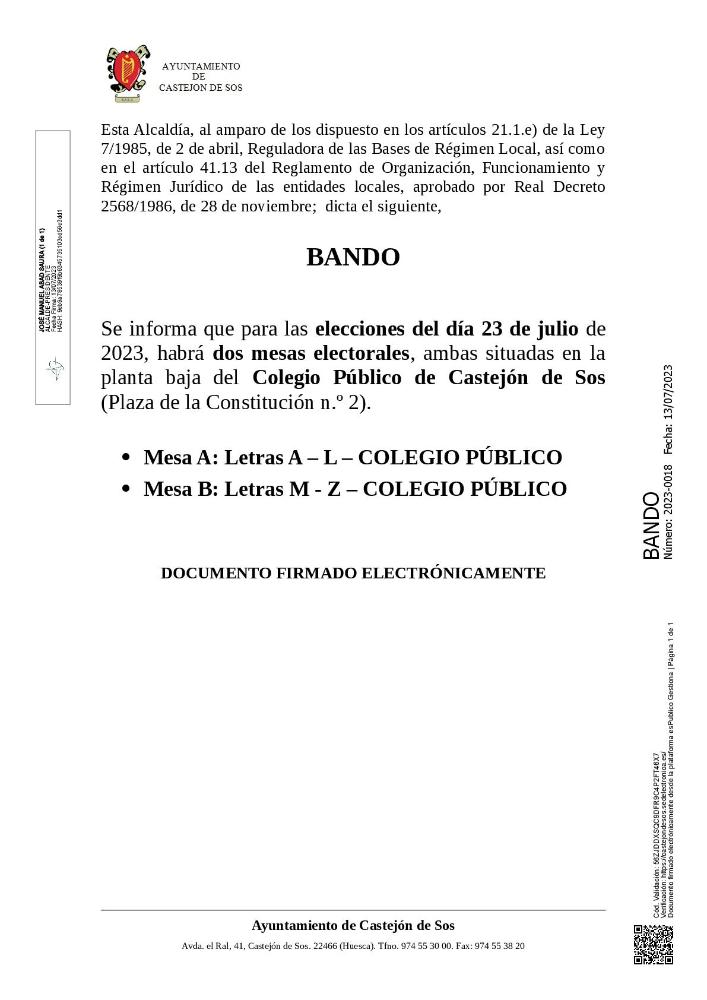 Imagen Bando: Elecciones 23 de julio LOCAL ELECTORAL en el COLEGIO PÚBLICO