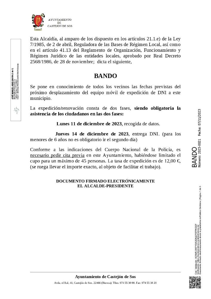 Imagen BANDO 2023-0021 [Bando - Próximo desplazamiento expedición DNI (11 de diciembre 2023)]