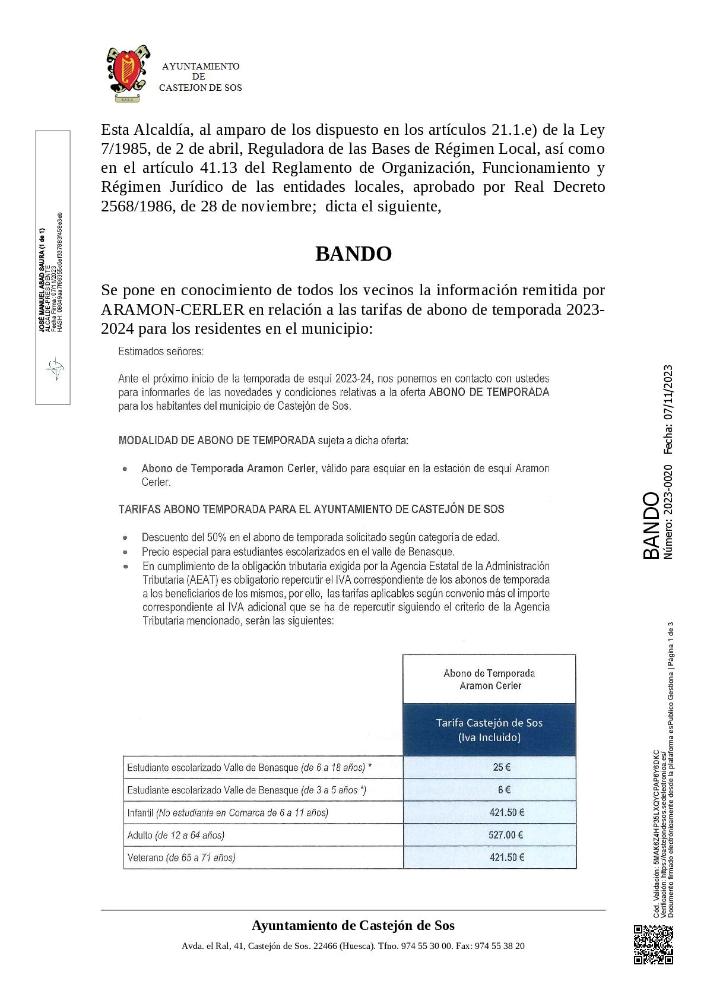 Imagen BANDO 2023-0020 [Bando -Tarifas especiales abono de temporada municipio Castejón de Sos Estación de Esquí Cerler-Aramón]]