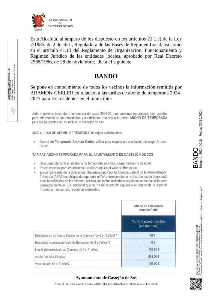 Imagen Bando - Tarifas especiales abono de temporada municipio de Castejón de Sos - Estación de Esquí Cerler Aramón