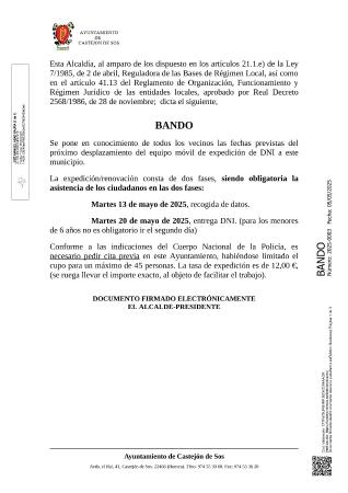 Imagen Bando Próximo desplazamiento renovación DNI - 13 de mayo