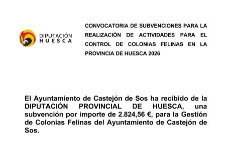 Subvención Diputación Provincial de Huesca COLONIAS FELINAS